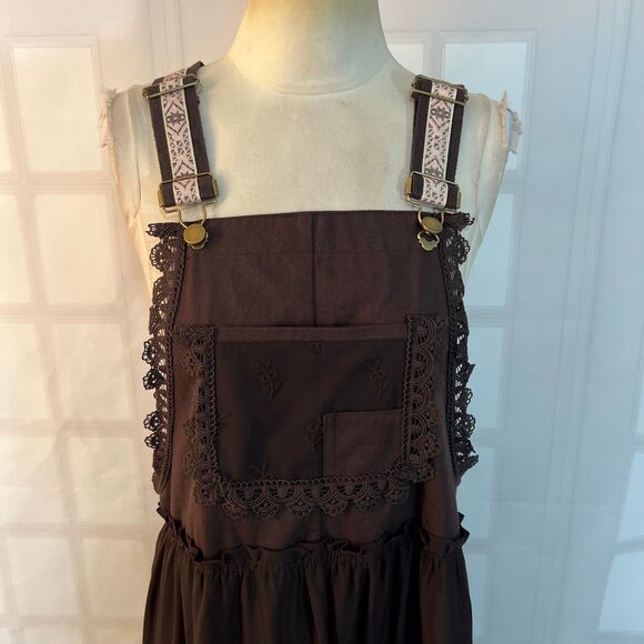 Utcoco Brown Embroidered Square Neck Tiered Maxi Jumper Apron Dress Medium - Picture 6 of 15